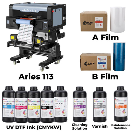 DTF Station Aries 113 UV DTF Printer with A film, B Film, Ink, Cleaning Solution, Varnish, and Maintenance Solution