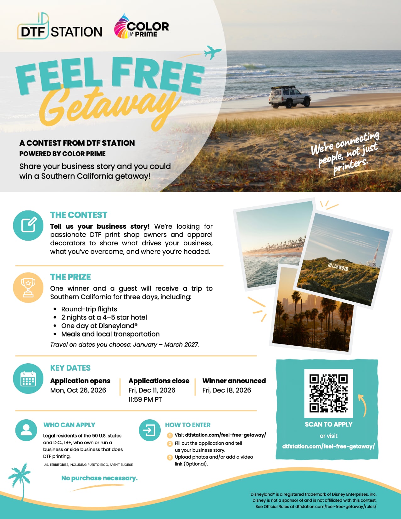 The Feel Free Getaway one-page flyer: the contest, the prize, key dates, who can apply and how to enter, with a QR code to apply.