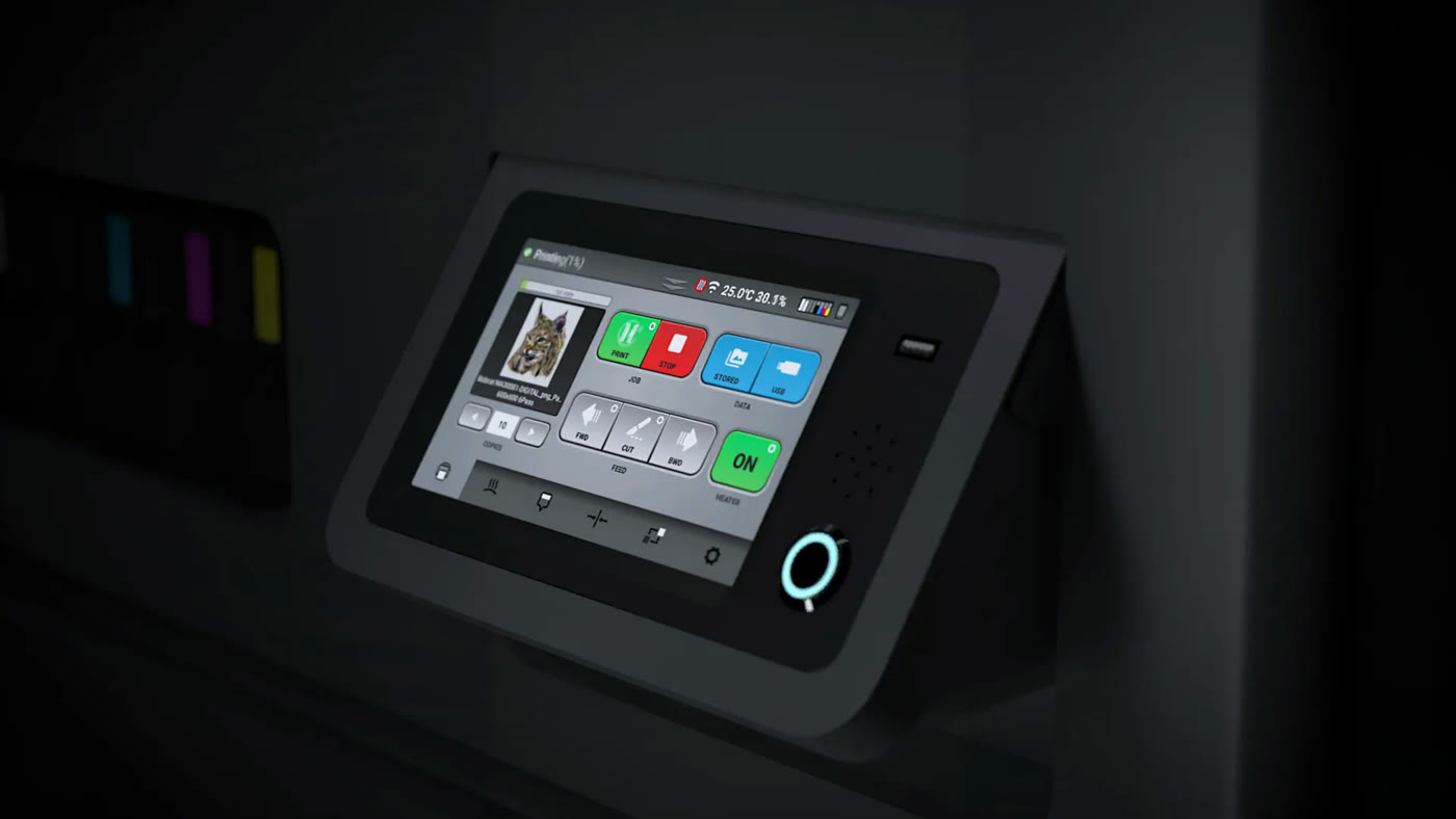 The Vega S17 touchscreen control panel during a job