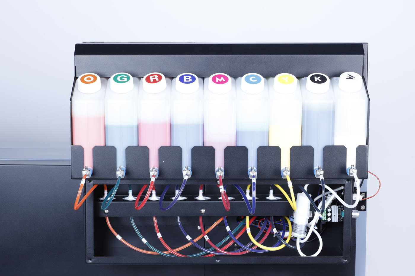 The nine colour-coded ink tanks of the Prestige XL2 Pro
