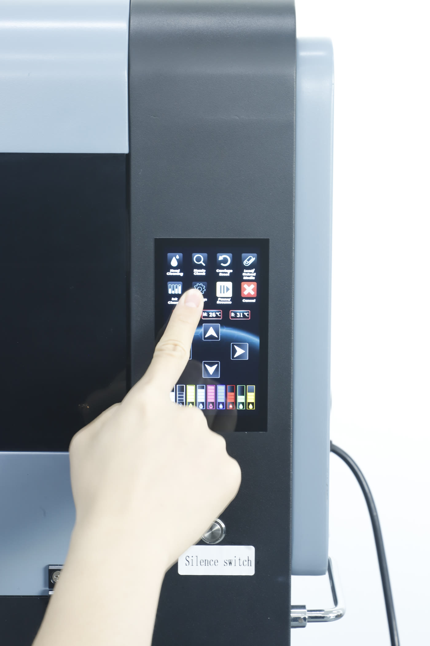 A hand using the touch screen of the Prestige XL2 Pro